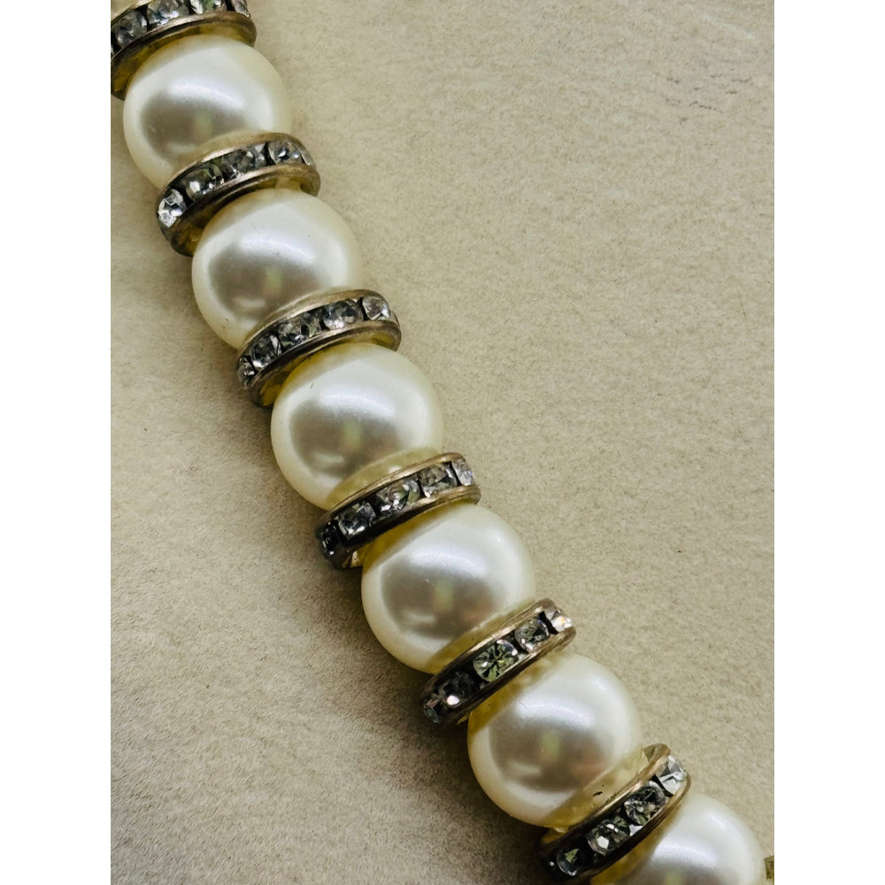 Vtg 90s Glass Faux‎ Pearl And Rhinestone Necklace 15" - Picture 7 of 7
